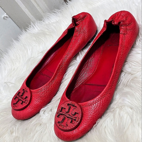 Tory Burch Minnie Red Leather Flats Size 8 - Picture 12 of 13